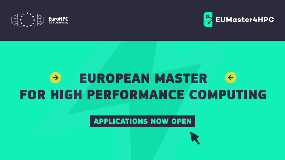 Visual with the logos of the EuroHPC JU and the EUMaster4HPC announcing that applications are open now.