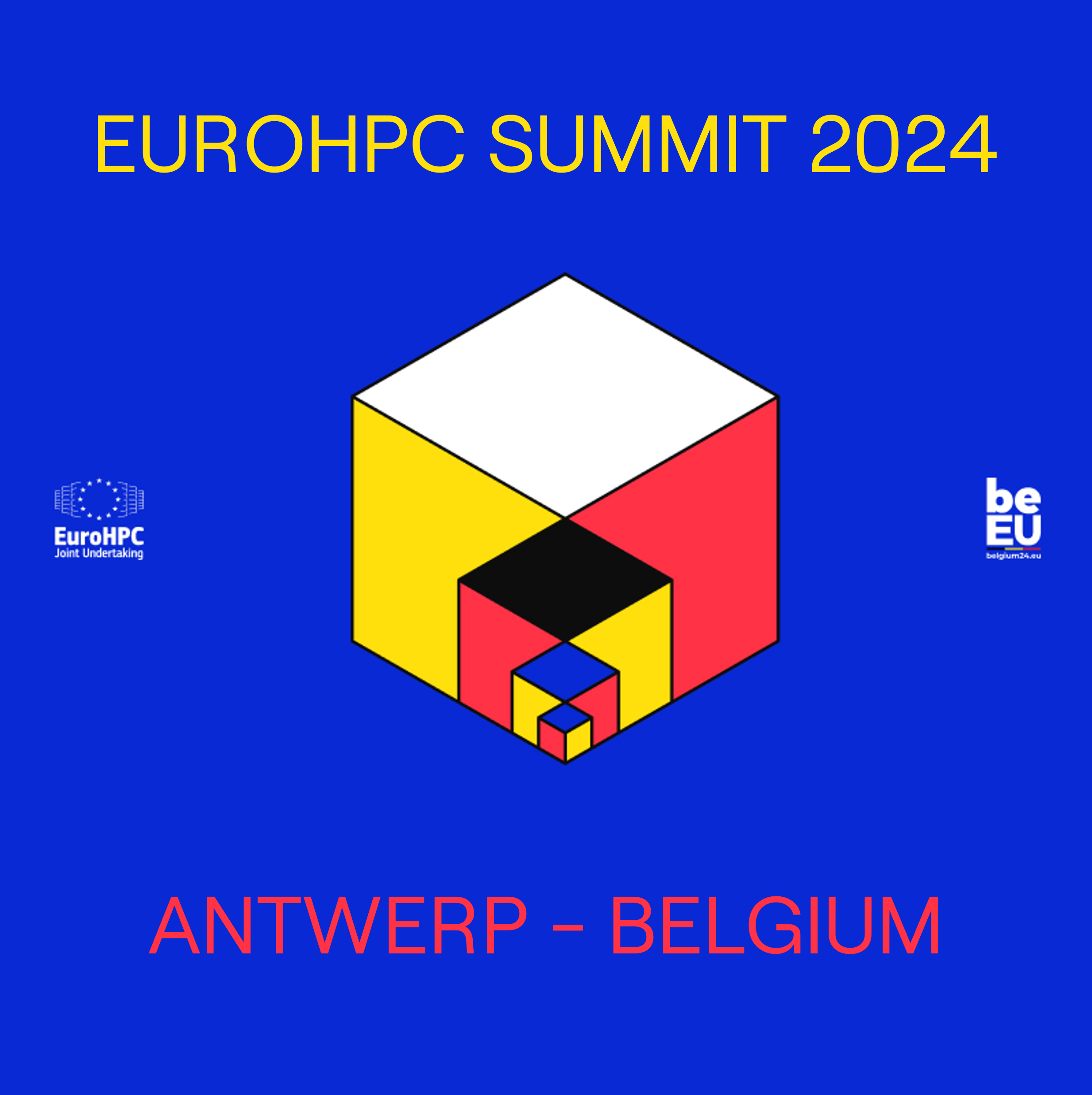 the summit logo on a blue background, alongside the eurohpc logo and the belgian presidency logo.