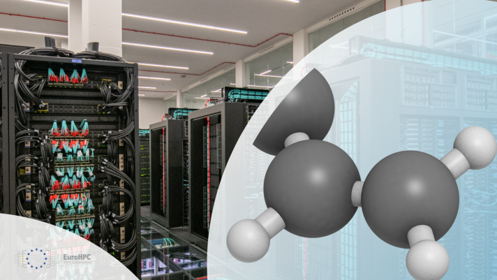 Image of the MareNostrum5 super computer along with a visual representation of a biopolymer