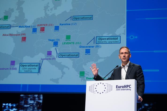 Evangelos Floros, Head of Infrastructure at EuroHPC JU presenting at the EuroHPC User Days 2025