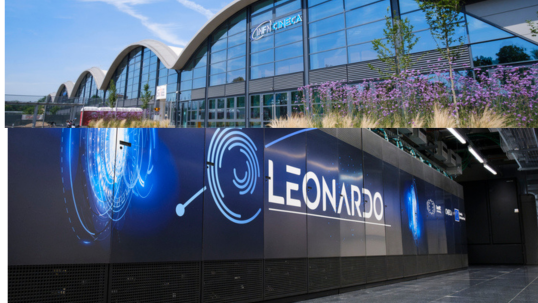 Photos of the CINECA building and Leonardo supercomputer