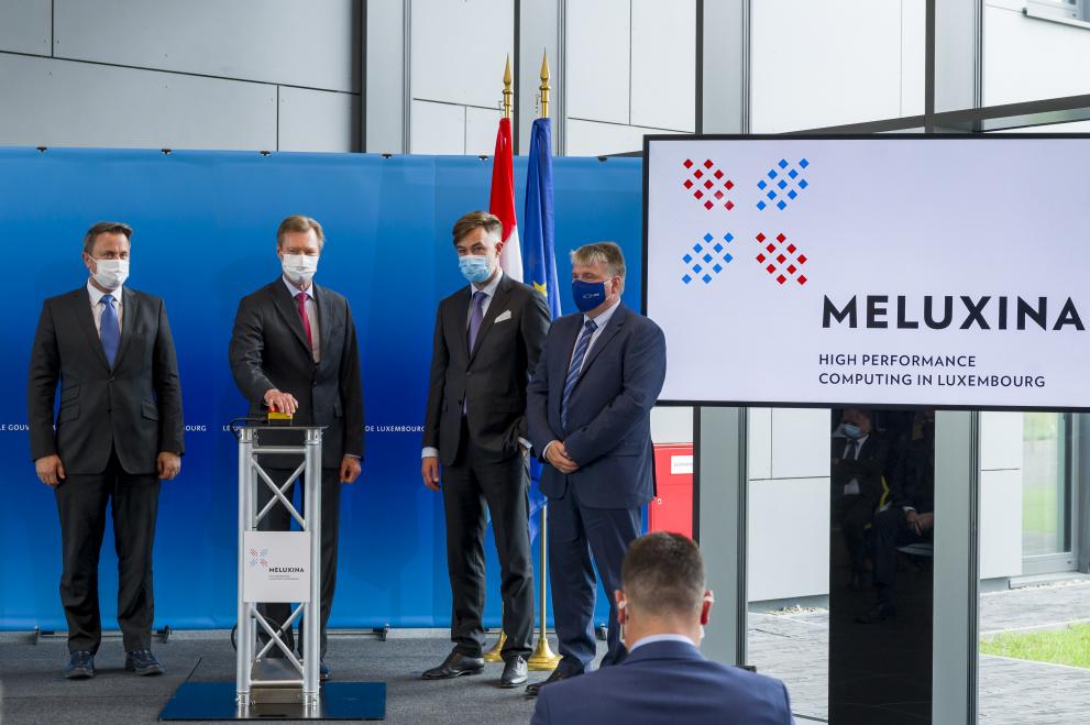 Inauguration of EuroHPC supercomputer MeluXina, with HRH the Grand Duke of Luxembourg, Prime Minister Xavier Bettel, Minister of the Economy Franz Fayot, and EuroHPC JU Executive Director Anders Jensen, June 2021. Copyright: SIP / Jean-Christophe Verhaegen.