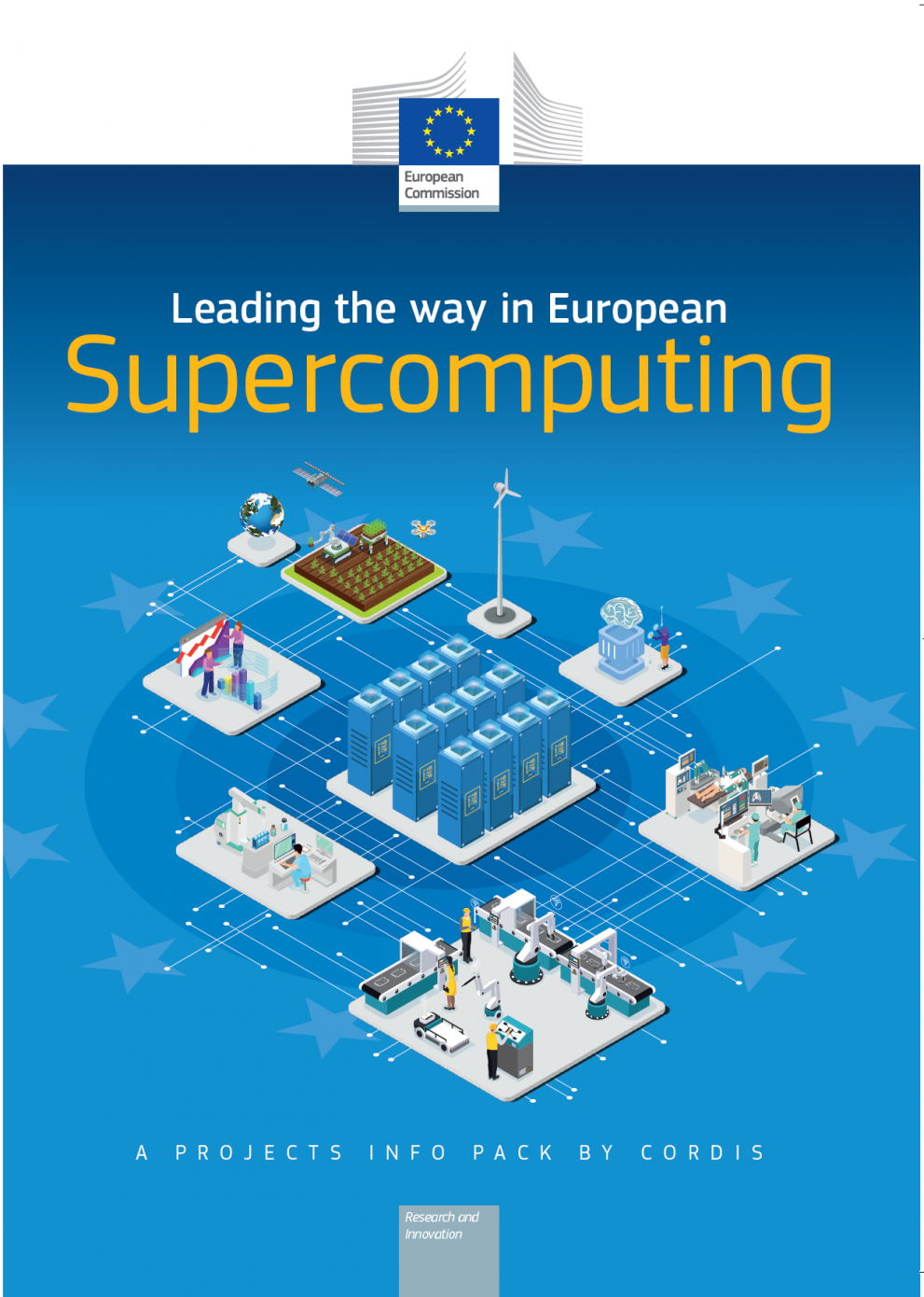 visual of a supercomputer surrounded by its application area: health, earth observation, climate, industry, agriculture, research