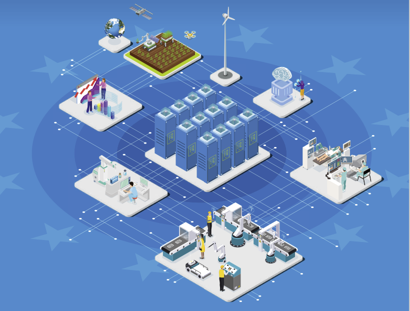 A supercomputer at the center, surrounded by potential applications' areas: health, energy, climate, industry, research.