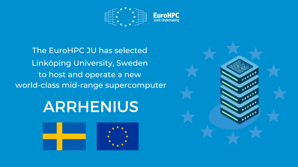 Visual announcing the Linkoping University as the selected hosting entity for the new petascale supercomputer Arrhenius.