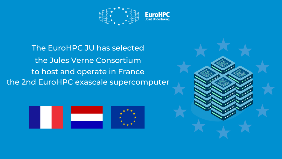 Visual announcing the selection of the consortium Jules Verne with a data server, the logo of the EuroHPC JU and flags from France, the Netherlands and the European Union