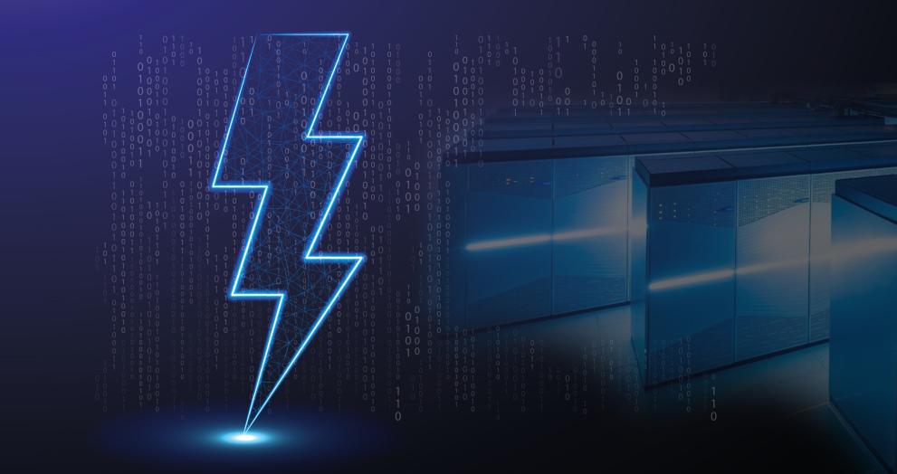 A digital lightning bolt representing JUPITER next to some data flow and an Eviden supercomputer