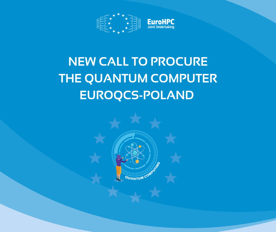 white text on a blue background saying "new call to procure the quantum computer euroqcs-poland"