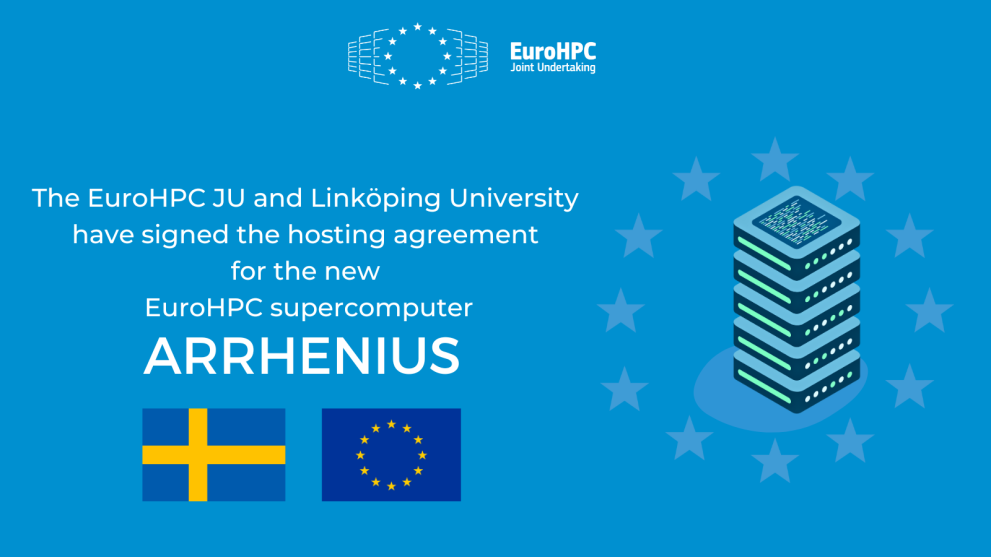 Visual announcing the signature of the hosting agreement between EuroHPC JU and Linköping University with a server, the Swedish flag and the EuroHPC JU logo
