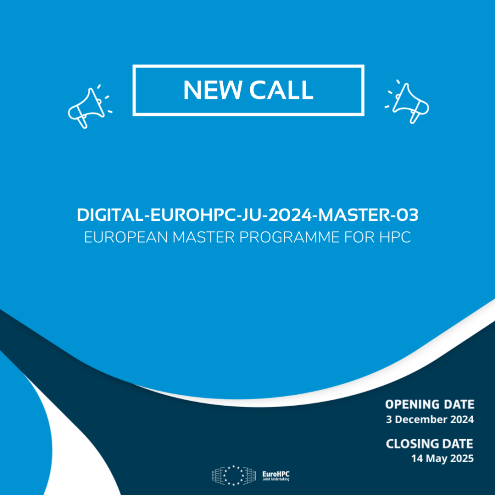 Visual announcing the launch of the call DIGITAL-EUROHPC-JU-2024-MASTER-03 with the opening and closing dates.