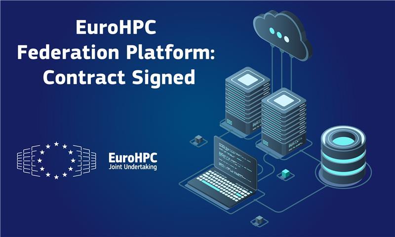 Graphical Illustration of a computer connected to data centers, cloud infrastructure and quantum computer to announce the contract signature for EuroHPC Federation Platform