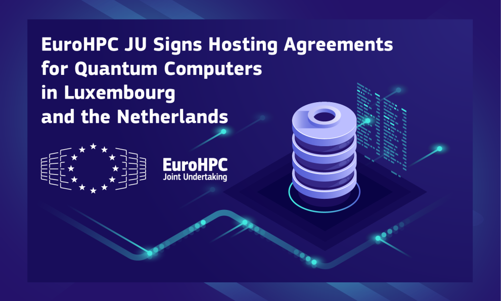 Graphical Illustration of a Quantum Computer next to the title: "EuroHPC JU Signs Hosting Agreements for Quantum Computers in Luxembourg and in the Netherlands"