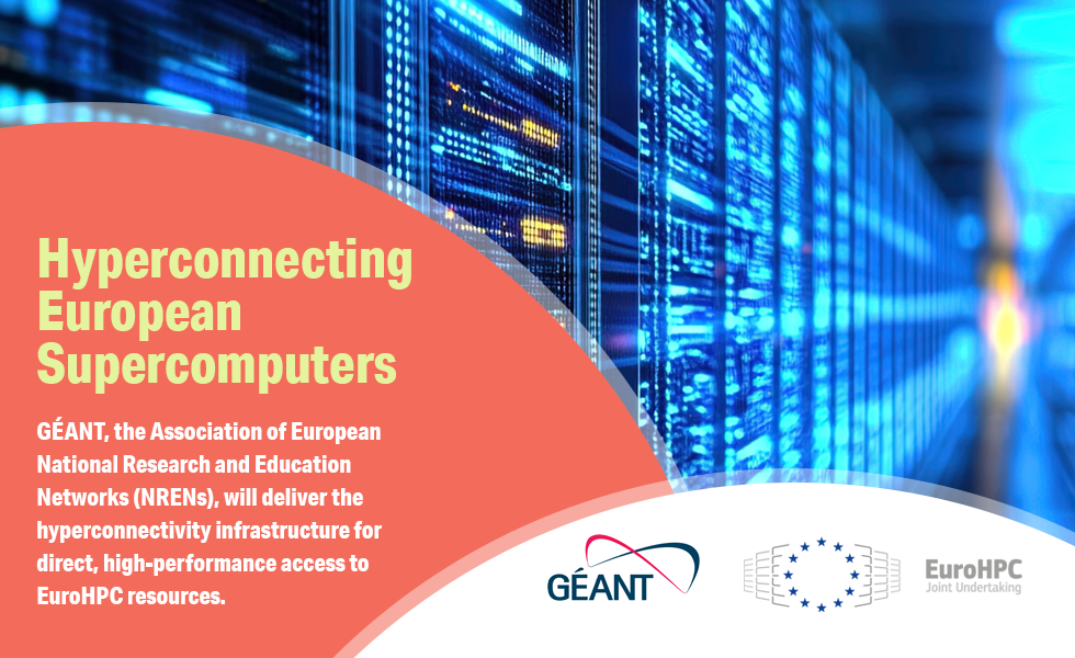an image of a super computer with some descriptive text and the logos of GEANT and EuroHPC JU