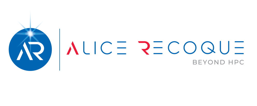 Logo of Alice Recoque : name of the system written in blue and red on a white background with a start