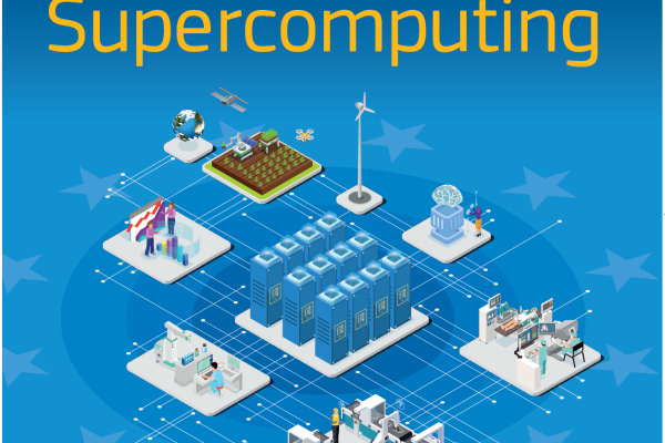 visual of a supercomputer surrounded by its application area: health, earth observation, climate, industry, agriculture, research