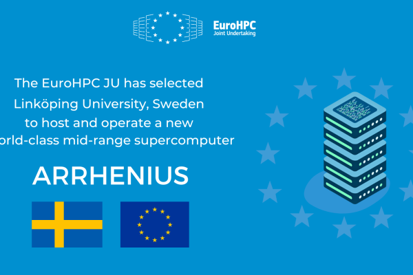 Visual announcing the Linkoping University as the selected hosting entity for the new petascale supercomputer Arrhenius.