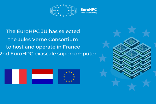 Visual announcing the selection of the consortium Jules Verne with a data server, the logo of the EuroHPC JU and flags from France, the Netherlands and the European Union