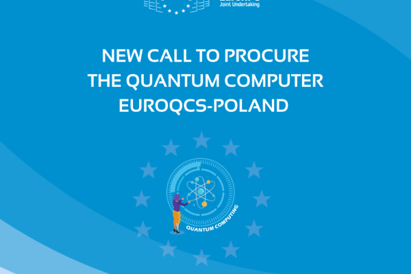 white text on a blue background saying "new call to procure the quantum computer euroqcs-poland"