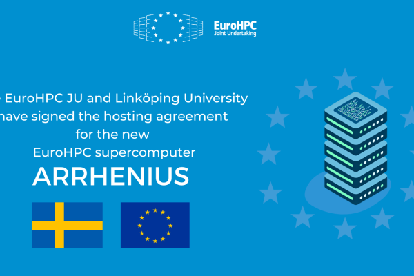 Visual announcing the signature of the hosting agreement between EuroHPC JU and Linköping University with a server, the Swedish flag and the EuroHPC JU logo