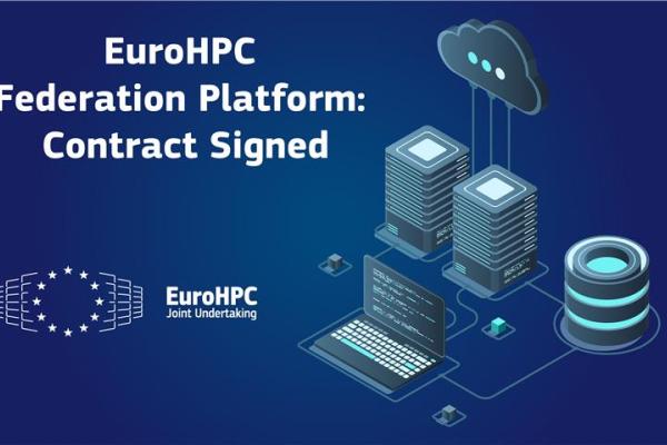 Graphical Illustration of a computer connected to data centers, cloud infrastructure and quantum computer to announce the contract signature for EuroHPC Federation Platform